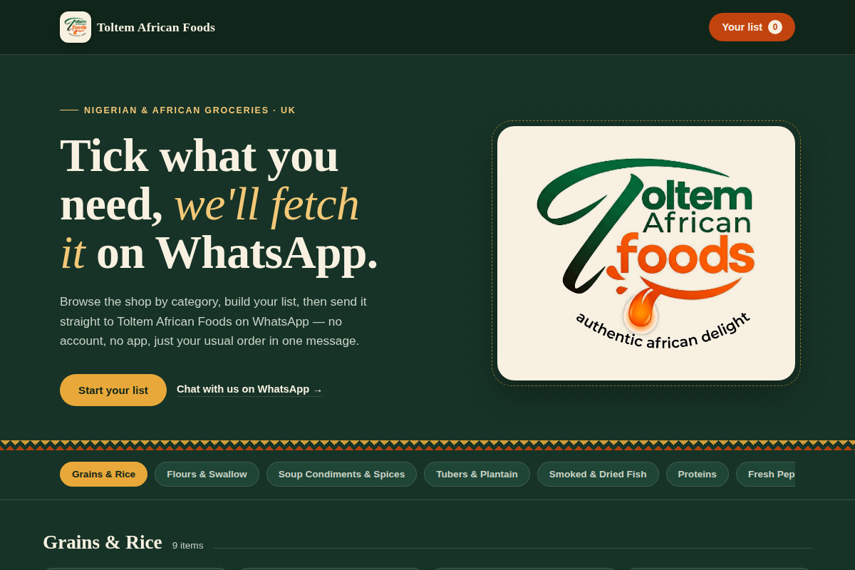 Toltem African Foods ordering website, built by Practic Concerns